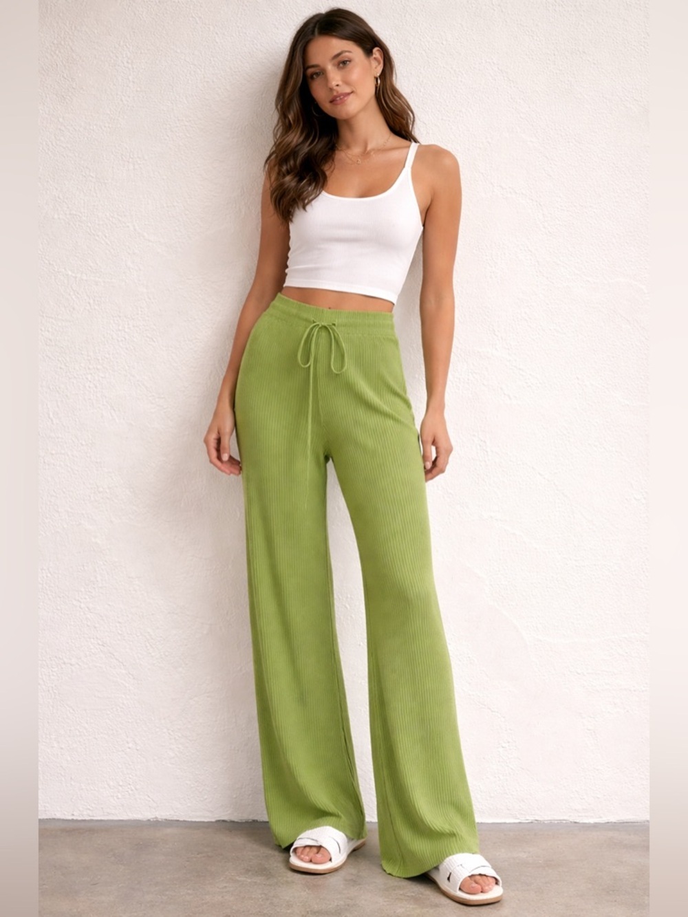 UNASI Ribbed Knit Green Wide Leg Lounge Pants XS